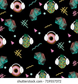 Trendy Memphis pop art pattern with geometric objects,low poly pineapples,donuts and headphones.For textile,texture,fabric,wallpaper,prints,t-shirt design.Vector illustration.