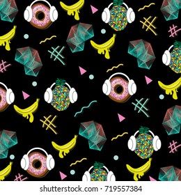 Trendy Memphis pop art pattern with geometric objects,low poly pineapples,donuts,bananas and headphones.For textile,texture,fabric,wallpaper,prints,t-shirt design.Vector illustration.