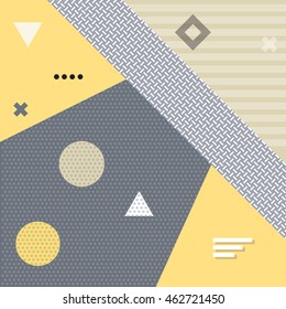 Trendy memphis retro style background with geometric elements. Modern abstract backdrop, pattern, cover, card, banner, placard, poster, greeting, invitation design. Vector illustration.