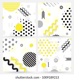 Trendy Memphis style geometric pattern with bright geometric leaves foliage, vector illustration with line elements and abstract geometric figures. Design backgrounds for wallpaper, brochure