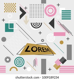 Trendy estilo Memphis padrão geométrico com folhagem de folhas geométricas brilhantes, ilustração vetorial com elementos de linha e figuras geométricas abstratas. Planos de fundo de design para papel de parede, folheto