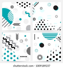Trendy Memphis style geometric pattern with bright geometric leaves foliage, vector illustration with line elements and abstract geometric figures. Design backgrounds for wallpaper, brochure