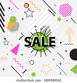 Trendy Memphis style geometric pattern with bright geometric leaves foliage, vector illustration with line elements and abstract geometric figures. Design backgrounds for wallpaper, brochure