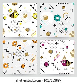 Trendy  Memphis style geometric pattern with flower and bird, vector illustration with line elements and abstract geometric figures. Design backgrounds for brochure and promotion template Memphis 