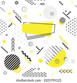 Trendy Memphis style geometric pattern with bright geometric leaves foliage, vector illustration with line elements and abstract geometric figures. Design backgrounds for wallpaper