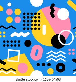 Trendy memphis style seamless pattern of simple geometric sshapes. Yellow, black, white and pink colors. On blue background