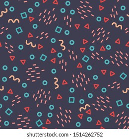 Trendy Memphis style seamless pattern. Colorful geometric seamless pattern in 80's-90's styles. Vector Illustration.