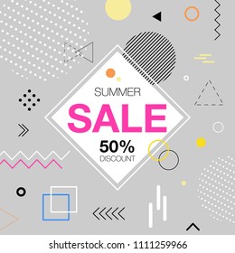 Trendy memphis style summer sale template. Vector geometric shapes background in retro 80s, 90s. 