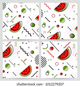 Trendy Memphis style watermelon geometric pattern, vector illustration with line elements and  geometric figures. Design backgrounds for invitation, brochure and promotion template Memphis fashion 