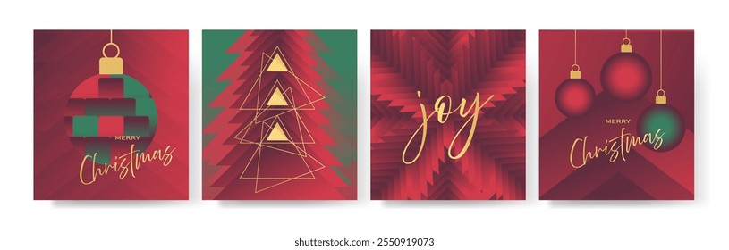 Trendy Merry Christmas greeting card set. This illustration captures the festive spirit of Christmas through its modern and abstract designs, making it perfect for holiday cards or decoration.