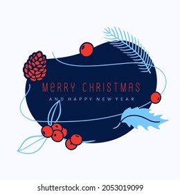 Trendy merry christmas and happy new year shape element with holly leaves and rowan red berries for greeting card or christmas celebration banner 