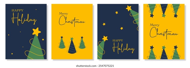 Trendy Merry Christmas and Happy New Year minimalist greeting with tree and snow element illustration, blue and yellow background for sale, advertisement promotion, card, gift, poster, flyer, banner.