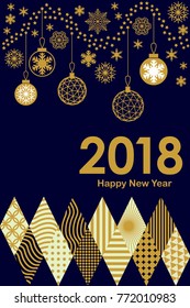 Trendy Merry Christmas and Happy New Year card with carnival motifs. Golden decorations, snowflakes and ornaments on black background. Template for covers, banners, posters, invitations.