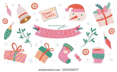 Trendy Merry Christmas and New Year elements set. Hand drawn vector isolated cute stickers. Snowman, letter to santa, mistletoe, mug, gift box, bow, bell. Good for cards, prints, posters 