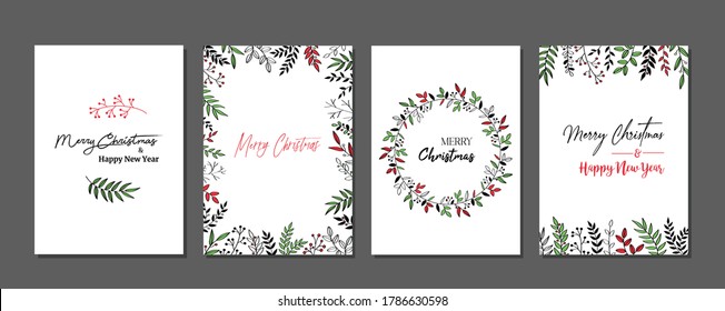 Trendy Merry Christmas set cards with modern hand drawn elements and greetings. Lettering design collection. doodle and scribbles line vector. 