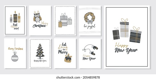 Trendy Merry Christmas set cards with modern hand drawn elements and greetings. Lettering design collection. doodle and scribbles line vector.
