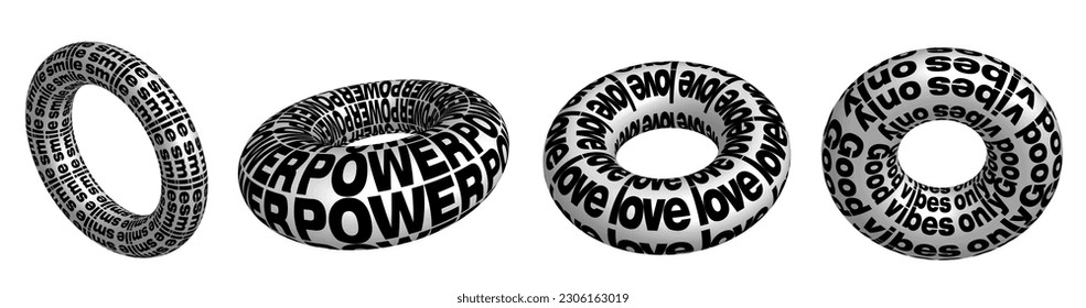 Trendy metal geometric shapes, donuts with text. Elements of the style of the 2000s. Elements of cyberpunk in a trendy psychedelic rave style. Y2k 00's retro futuristic aesthetic