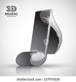 Trendy metallic slim musical note 3d modern style icon isolated, 3d music element, image contain transparent shadows reflections and flares  ready to put over any background.