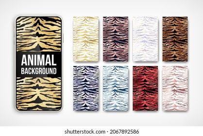Trendy metallic tiger abstract vertical background set. Vector wild animal golden, silver, blue, rose gold, red texture on smartphone screen collection for social media banner, cover, phone wallpaper.