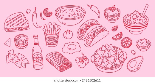 Arte de la línea de comida mexicana de moda en colores rosados. Línea de arte vector dibujado a mano doodle conjunto de dibujos animados de comida mexicana tema