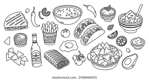 Línea de comida mexicana de moda en blanco y negro. Línea de arte vector dibujado a mano doodle conjunto de dibujos animados de comida mexicana tema