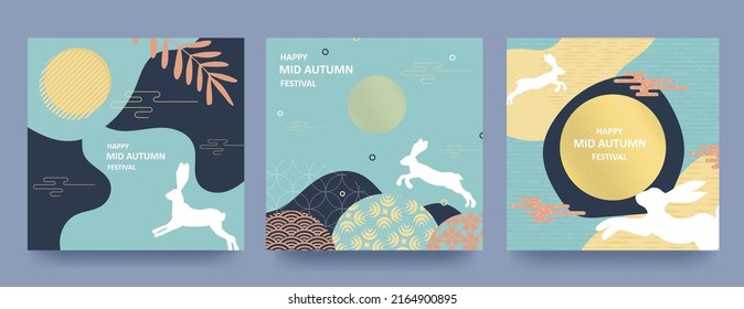 Trendy Mid Autumn Festival design Set of backgrounds, greeting cards, posters, holiday covers with moon, mooncake and cute rabbits. Chinese translation - Mid Autumn Festival. Vector illustration