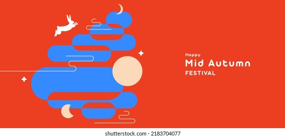 Trendy Mid Autumn Festival design of background, greeting card, poster, flyer, holiday cover with moon, mooncake, cute rabbits in red, blue, 
beige colors. Chinese translation - Mid Autumn Festival