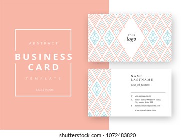 Trendy minimal abstract business card template in pink color. Modern corporate stationery id layout with geometric pattern. Vector fashion background design with information sample name text.