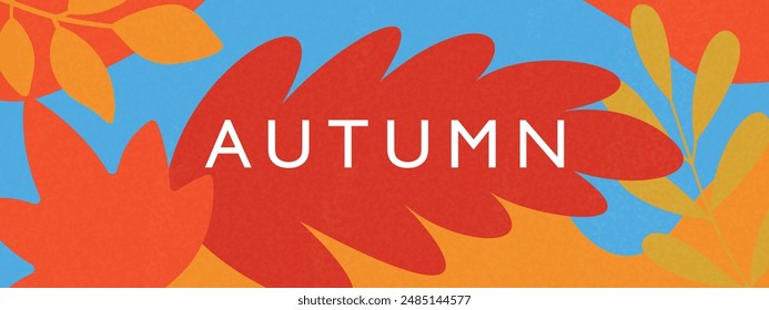 Trendy minimal autumn banner. Poster or cover with bright and beautiful autumn leaves against a blue sky. Autumn template for advertising, Internet, social networks.