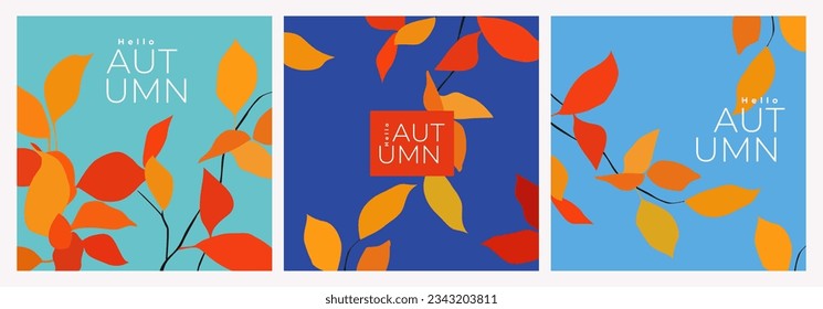 Trendy minimal autumn set of banner, card, poster or cover with bright and beautiful autumn leaves on blu sky background. Contemporary art style. Fall template for advertising, web, social media