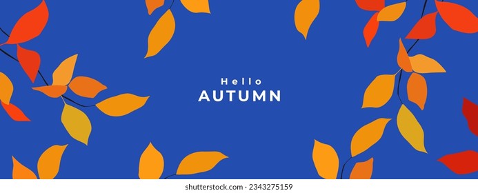 Banner, cabecera, afiche o portada del sitio web de otoño, mínimo y moderno, con hojas de otoño brillantes y hermosas sobre el fondo del cielo negro. Estilo de arte contemporáneo. Plantilla de otoño para publicidad, web, medios sociales