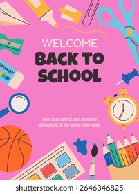Trendy minimal Back to school vector poster. School stationery on bright background. Template for cover, banner, flyer design. Perfect for social media, advertising, web 
