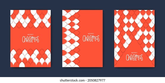 Trendy minimal Christmas cards. Festive geometric ornament in classic red and white colors. Paper art style creative posters. Vector template