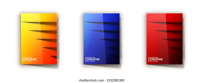 Trendy Minimal empty covers design set. Colorful halftone gradients background modern template web design. Cool gradients Future red green blue yellow geometric patterns set isolated white background.