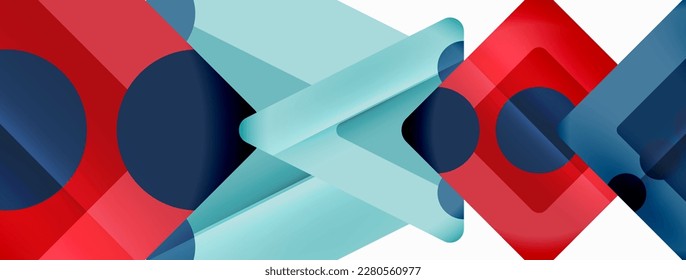 Trendy minimaler geometrischer abstrakter Hintergrund. Dreiecke, Quadrate und Kreise helle Farben Hintergrund. Vektorgrafik für Bildschirmhintergründe, Banner, Hintergrund, Karte, Buchillustration, Landing-Page