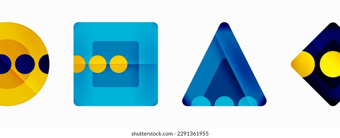 Trendy minimal geometric abstract background. Triangles, squares and circles bright colors backdrop. Vector Illustration For Wallpaper, Banner, Background, Card, Book Illustration, landing page