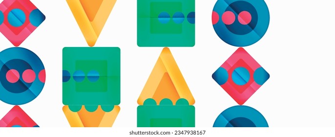 Trendy minimal geometric abstract background. Triangles, squares and circles bright colors backdrop. Vector Illustration For Wallpaper, Banner, Background, Card, Book Illustration, landing page