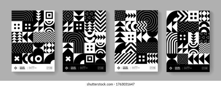 Trendy minimal geometric pattern vector design. Modern posters set with shape elements. Black and White hipster background.