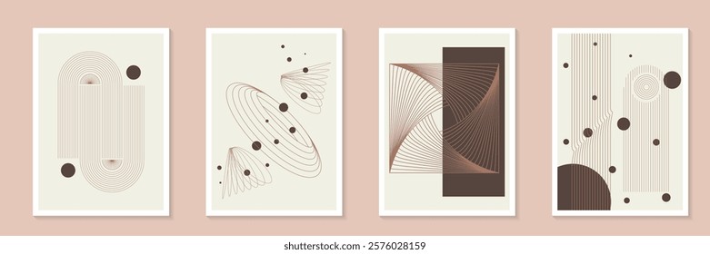 Trendy minimal mid century minimal element poster background vector set. Pantone Color of the Year mocha mousse Minimalist geometric style cover template with monochrome lines and transitions wall art