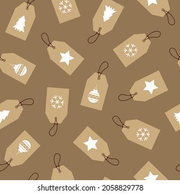 Trendy minimal seamless pattern with tags of christmas elements of kraft paper on a brown background. Vector simple illustration	