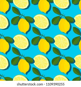 Trendy minimal summer seamless pattern with whole, sliced fresh fruit lemon on color background. Vector illustrations