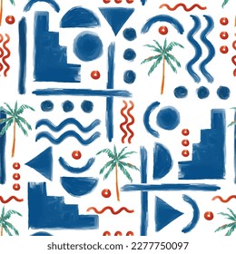 Trendy Minimal summer seamless pattern Vacation Moment and hand drawn Line   geometric   Waves  palm trees each life elements Vector illustration Design for fashion   fabric  textile  wallpaper  wrap