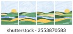 Trendy minimal watercolor illustration of green countryside landscape with rolling hill, river, agricultural field. Abstract vector collage design. Blue sky, meadow, mountain. Vintage outdoor poster