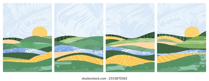 Trendy minimal watercolor illustration of green countryside landscape with rolling hill, river, agricultural field. Abstract vector collage design. Blue sky, meadow, mountain. Vintage outdoor poster