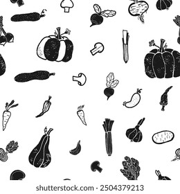 Trendy minimalism modern vegetable pattern Grunge, shabby texture of elements Scandinavian motifs Vector seamless pattern