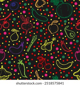 Trendy minimalism modern vegetable pattern Grunge, shabby texture of elements Scandinavian motifs Vector seamless pattern