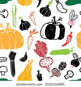 Trendy minimalism modern vegetable pattern Grunge, shabby texture of elements Scandinavian motifs Vector seamless pattern
