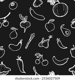Trendy minimalism modern vegetable pattern Grunge, shabby texture of elements Scandinavian motifs Vector seamless pattern