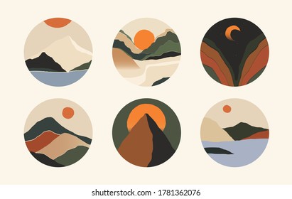 Trendy minimalist abstract landscape collection. Set of hand drawn contemporary artistic illustrations. 