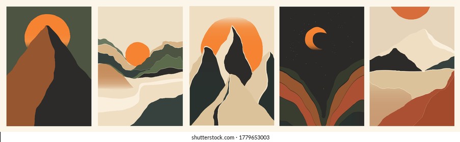 Trendy minimalist abstract landscape illustrations. Set of hand drawn contemporary artistic posters. 